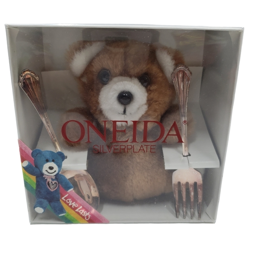Oneida Community Silver Plate Baby Bear with Spoon and Fork in Box Shower Gift